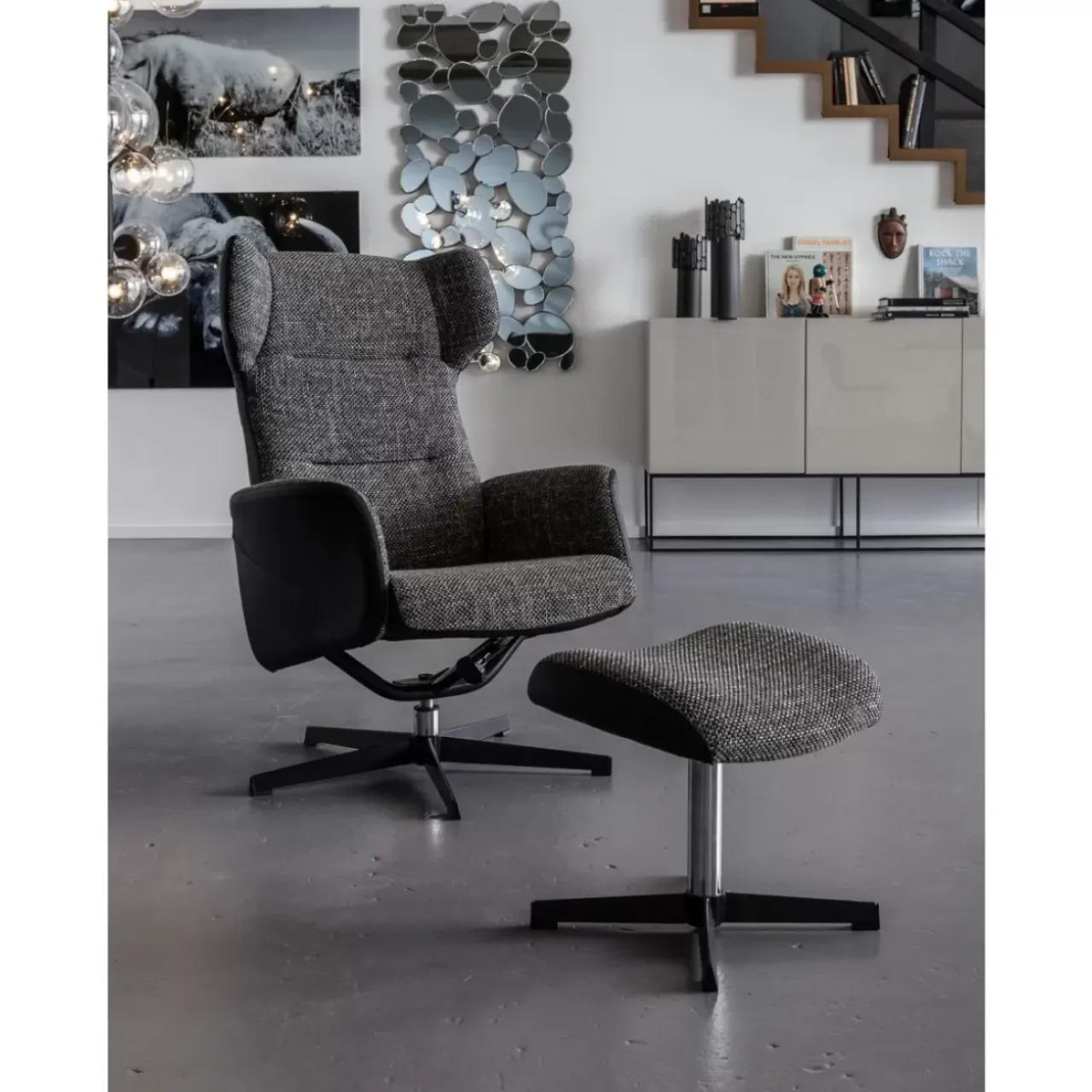 KARE Design Sessel-Drehsessel Mit Hocker Ohio Salt And Pepper